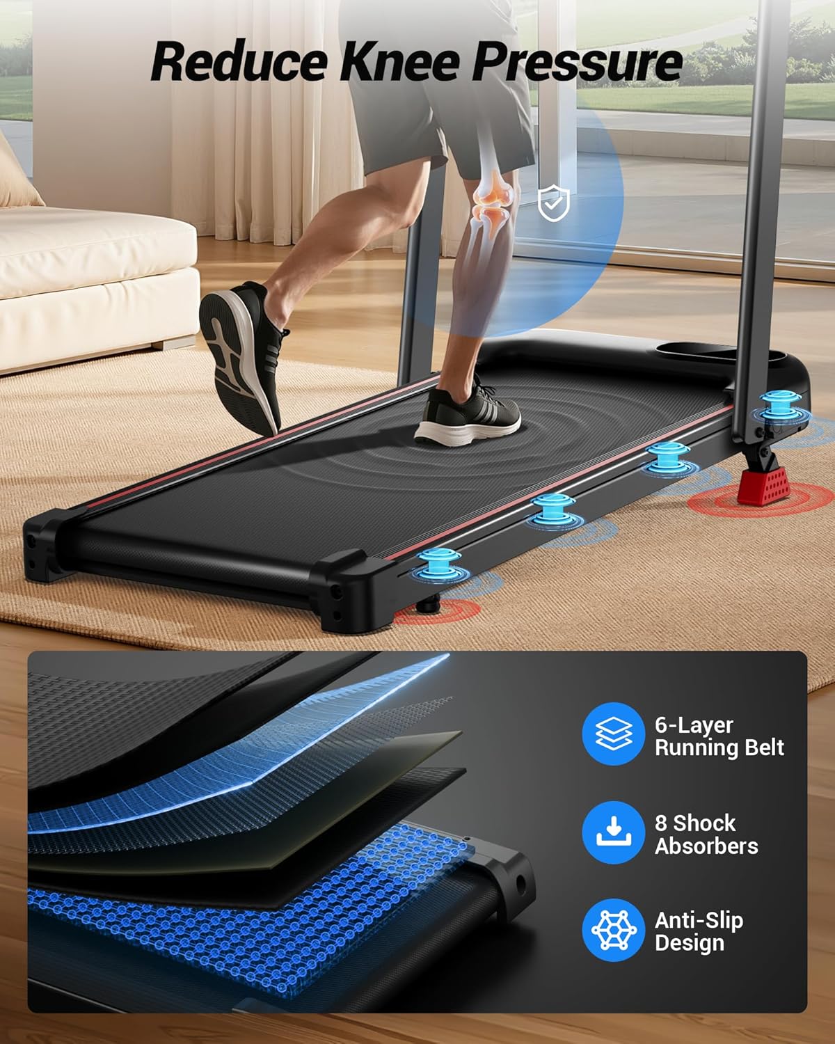 Walking Pad Treadmill with Handle Bar - 2.5HP Quiet Folding Treadmill for Home Office Under Desk Portable Walking Pad with 12% Incline 300LBS Capacity - Image 5