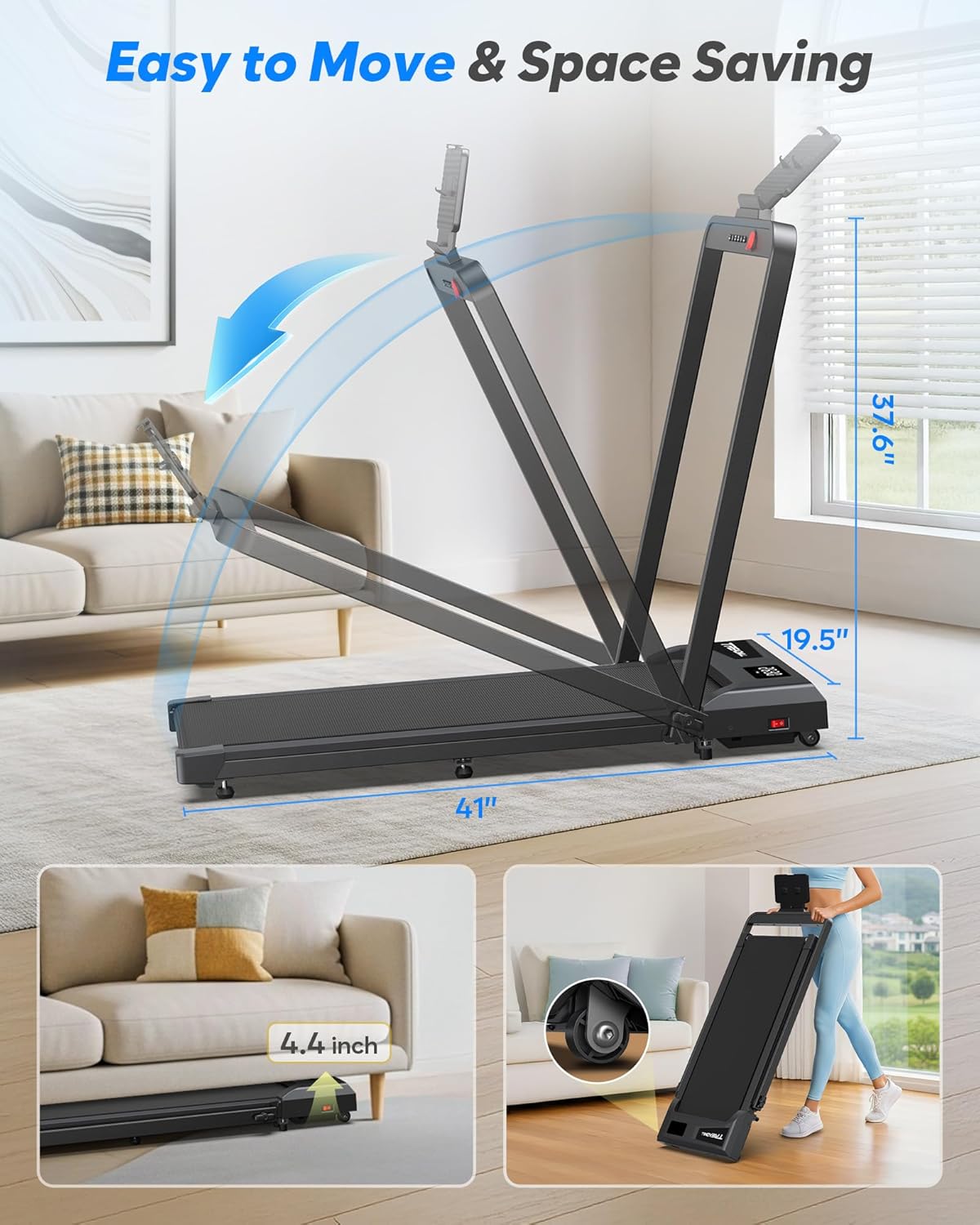 Foldable Treadmill with 10% Incline, Compact Walking Pad Treadmill with Safety Handle Bar, 3.0HP Quiet Under Desk Treadmills for Home/Office, 320 LBS Capacity, APP & Mute Remote Control - Image 9