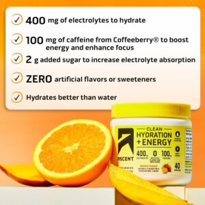 Ascent Clean Hydration + Energy Electrolytes Powder – 100mg Caffeine, 400mg Electrolytes, No Artificial Ingredients, Orange Mango 40 Servings