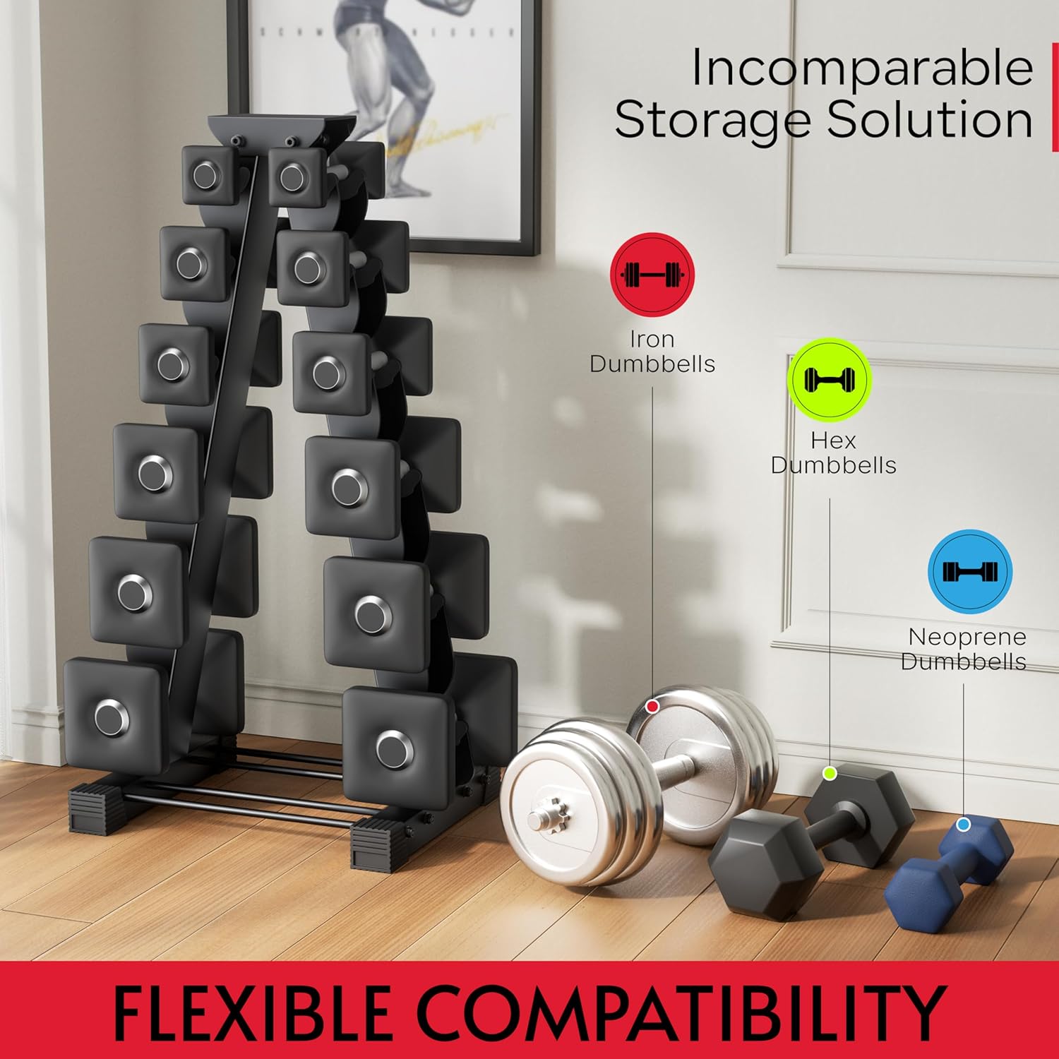 Dumbbell Rack Stand Only, Compatible with Peloton Weights, Ergonomic Weight Rack for Home Gym Dumbbells with 6-Tier, Space-Saving Home Gym Storage Rack, Plus Neoprene Set Storage, Compact - Image 5