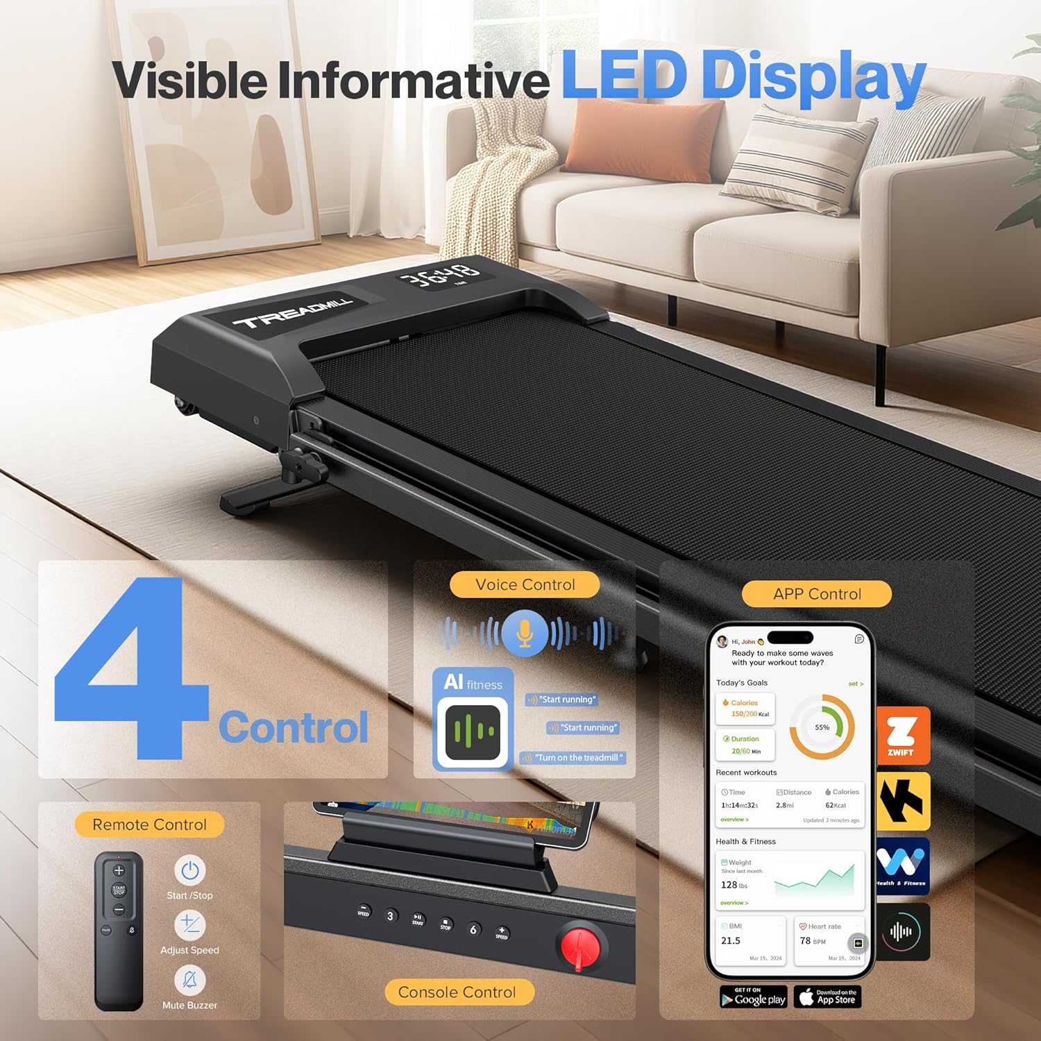 COZYINN 10% Incline Walking Pad, 2 in 1 Foldable Walking Pad Treadmills for Home and Office, 3.0 HP Portable Under Desk Treadmill with Handle Bar, 320 lbs Capacity, APP & Remote Control - Image 6