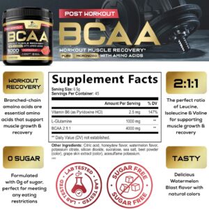 Muscle Recovery Drink Powder with BCAA, L-Glutamine & Amino Acids – Best Muscle Recovery Supplements for Post Workout – Sugar Free, Branched Chain Amino Acid Supplement for Women & Men – 45 Servings