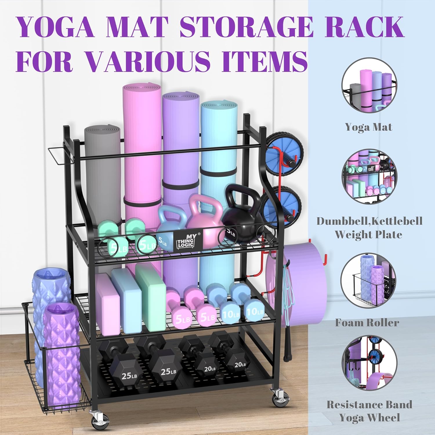 Mythinglogic Yoga Mat Storage Racks,Home Gym Storage Rack for Dumbbells Kettlebells Foam Roller, Yoga Strap and Resistance Bands, Workout Equipment Storage Organizer With Hooks and Wheels - Image 3