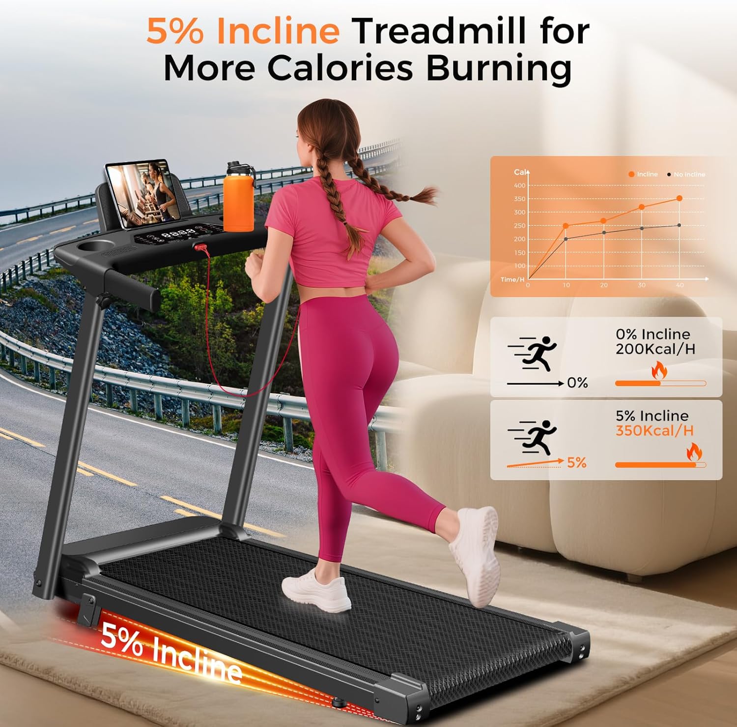Treadmill with Incline, 3.0HP Small Treadmills for Home, Portable Electric Treadmill with Handles,Lightweight Walking Pad,Compact Running Treadmills,Walking Pad with Handle,LED Dispay,300LBS Capacity - Image 4