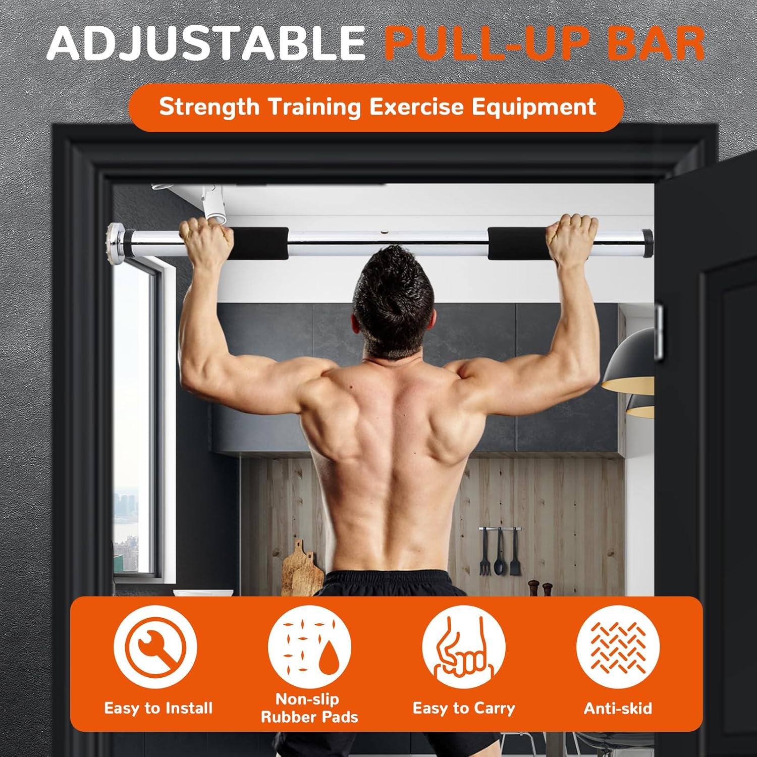 Pull Up Bar for Doorway 23.6in Adjustable Door Mounted Heavy Duty Steel Body Workout Chin Up for Home Exercise Fitness(Black) - Image 5