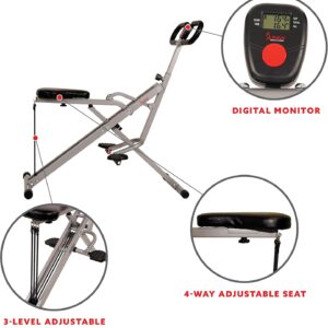 Sunny Health and Fitness 45 Degree Hyperextension Roman Chair, Steel, Grey, One Size + Squat Assist Upright Row-N-Ride Rowing Machine, Horse Riding Machine Full Body Indoor Trainer