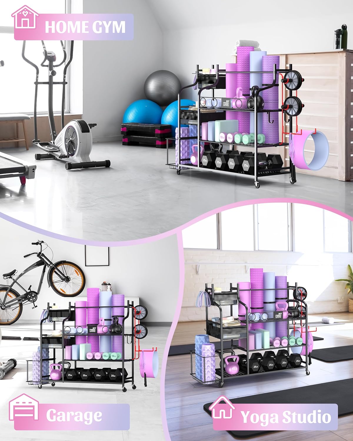 Mythinglogic Weight Rack for Dumbbells, Home Gym Storage for Yoga Mat Dumbbells Kettlebells and Strength Training Equipment, Dumbbell Rack with Wheels and Hanging Hooks - Image 6