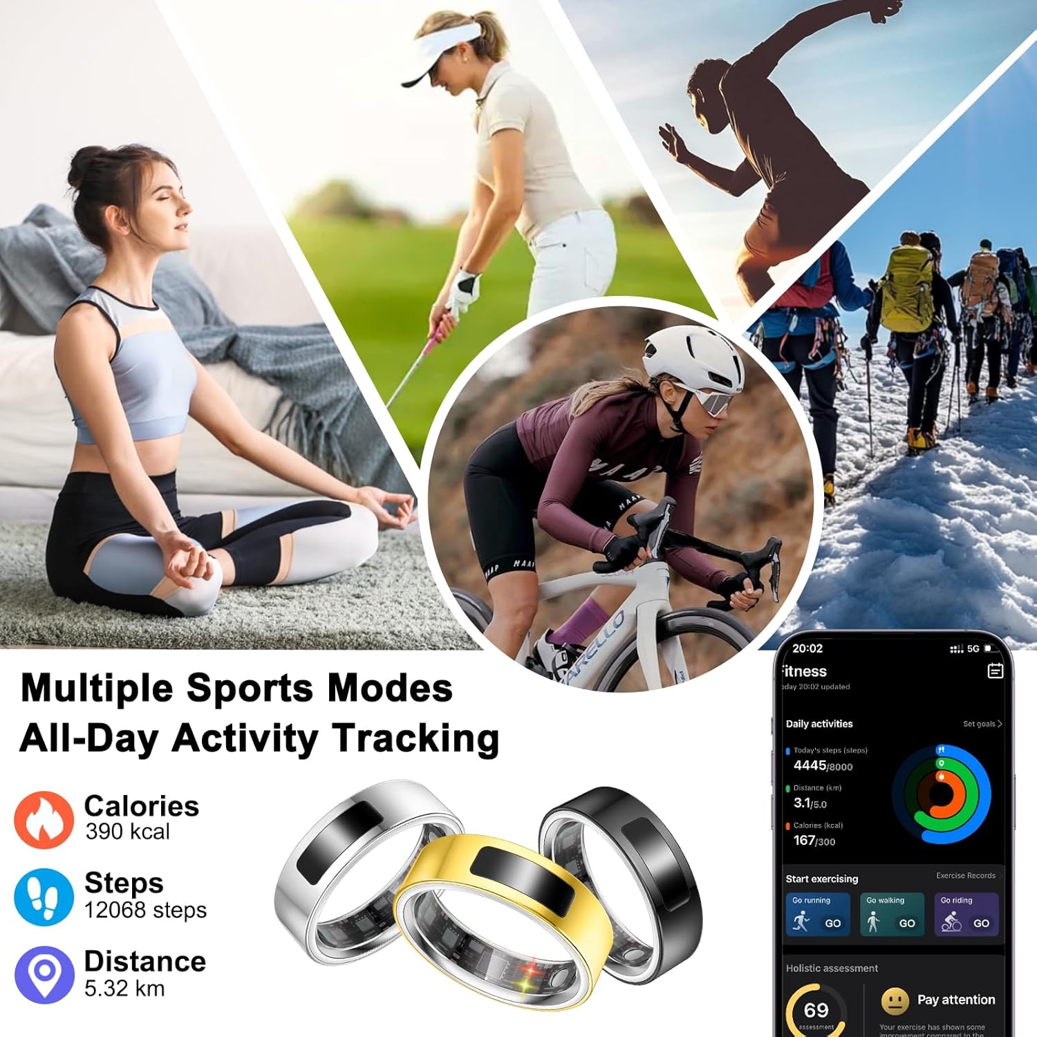 Smart Health Ring for Women Men, Vibration Alert, Touch Control, Fitness Tracker Ring with Sleep/Women's Health/Heart Rate/Steps, IP68 Waterproof for iPhone and Android, Silver 9, No Subscription - Image 4