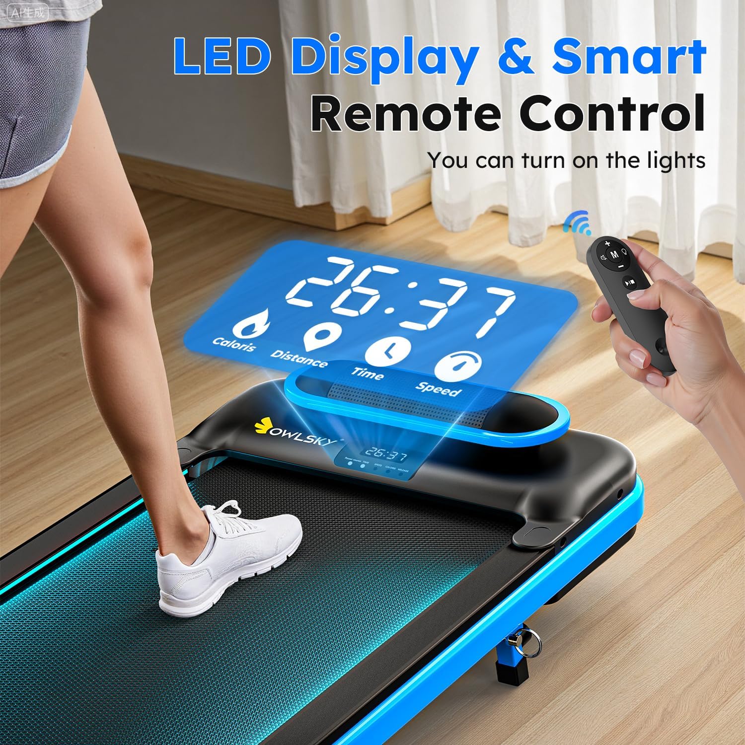 OWLSKY Walking Pad, 3 in 1 Under Desk Treadmill with Incline for Home Office, Bluetooth Speaker Walking Treadmill, 2.5 HP Low Noise, with Remote Control, LED Display - Image 5