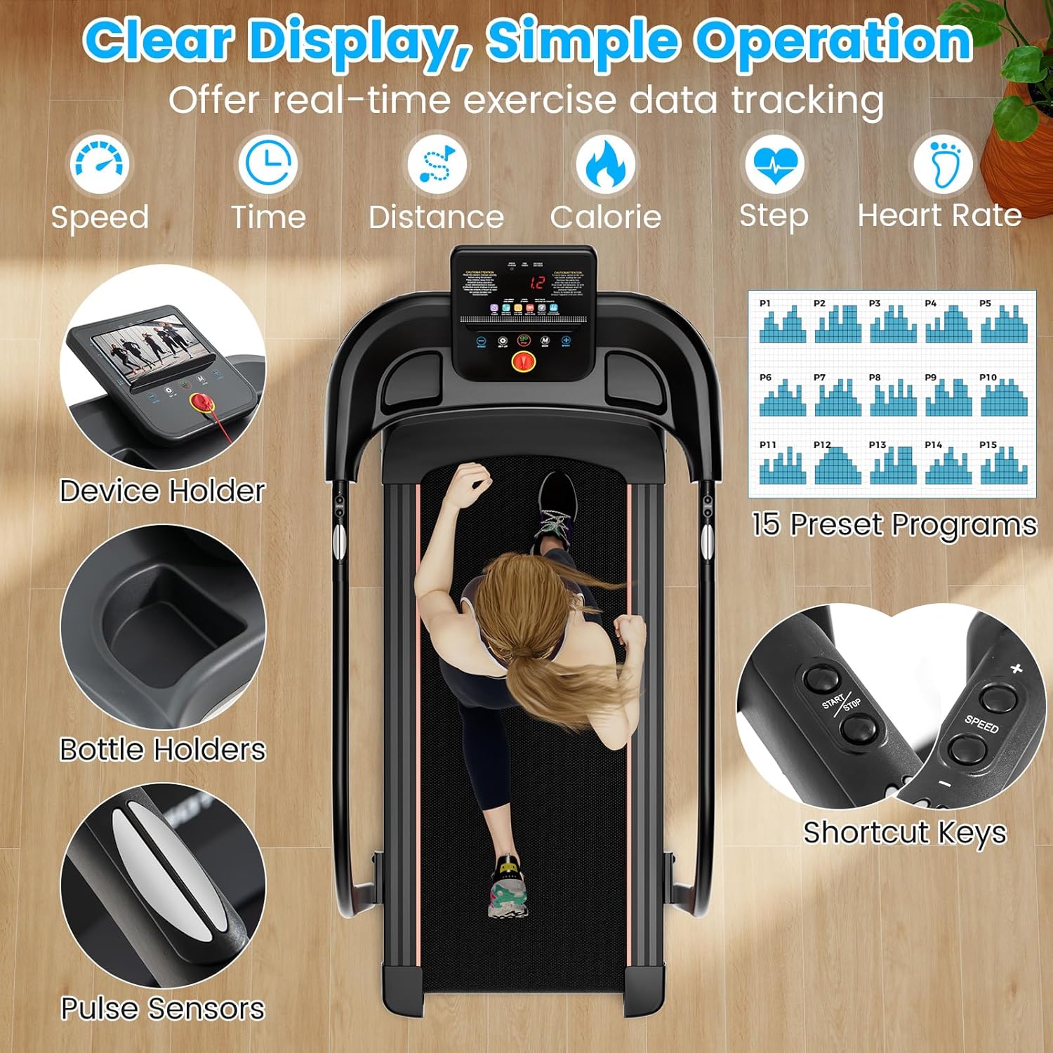 GYMAX Walking Treadmill for Seniors, 2.5HP LED Recovery Fitness Exercise Machine w/Preset Programs, Heart Rate Sensor, Device & Cup Holder, Wheeled Treadmill w/Long Handrail for Home - Image 5