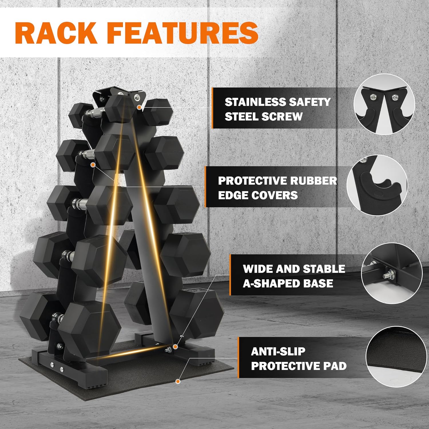Fitvids Rubber Coated Hex Dumbbell Weight Set and Storage Rack, 100LBS, 150LBS or 200LBS Set, 5-20 lbs, 5-25 lbs, 10-30 lbs Pairs - Image 4