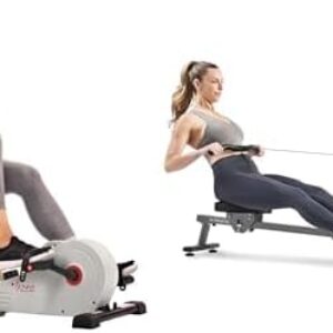 Sunny Health & Fitness Magnetic Under Desk Pedal Exerciser, Dual Function Mini Exercise Cycle Bike + Compact Folding Magnetic Rowing Machine with 109 CM Slide Rail, 130 KG Max Weight