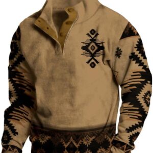 Mens Western Aztec Hoodie Button Up Vintage Henley Shirt Cowboys Sweatshirt for Men Long Sleeve Pullover Tops