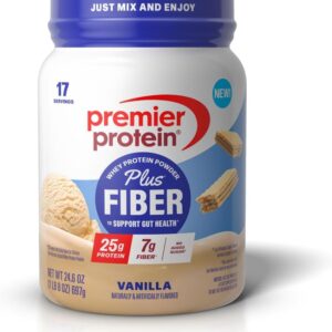 Premier Protein Powder Plus Fiber, Vanilla, 25g Protein, 7g Fiber to Support Gut Health, No Added Sugar (17 Servings)