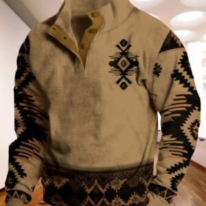 Mens Western Aztec Hoodie Button Up Vintage Henley Shirt Cowboys Sweatshirt for Men Long Sleeve Pullover Tops