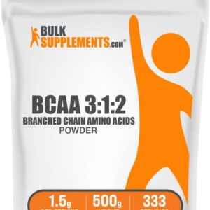 BulkSupplements.com BCAA 3:1:2 Powder – BCAA Supplements, Branched Chain Amino Acids Powder – Unflavored & Gluten Free, 1.5g per Serving, 500g (1.1 lbs) (Pack of 1)