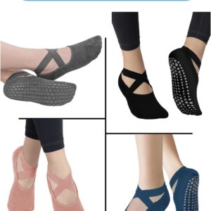 AURUZA Pilates Grip Socks for Women Non Slip Skid Yoga Socks with Grips Straps for Ballet Dance Workout Gripper Socks