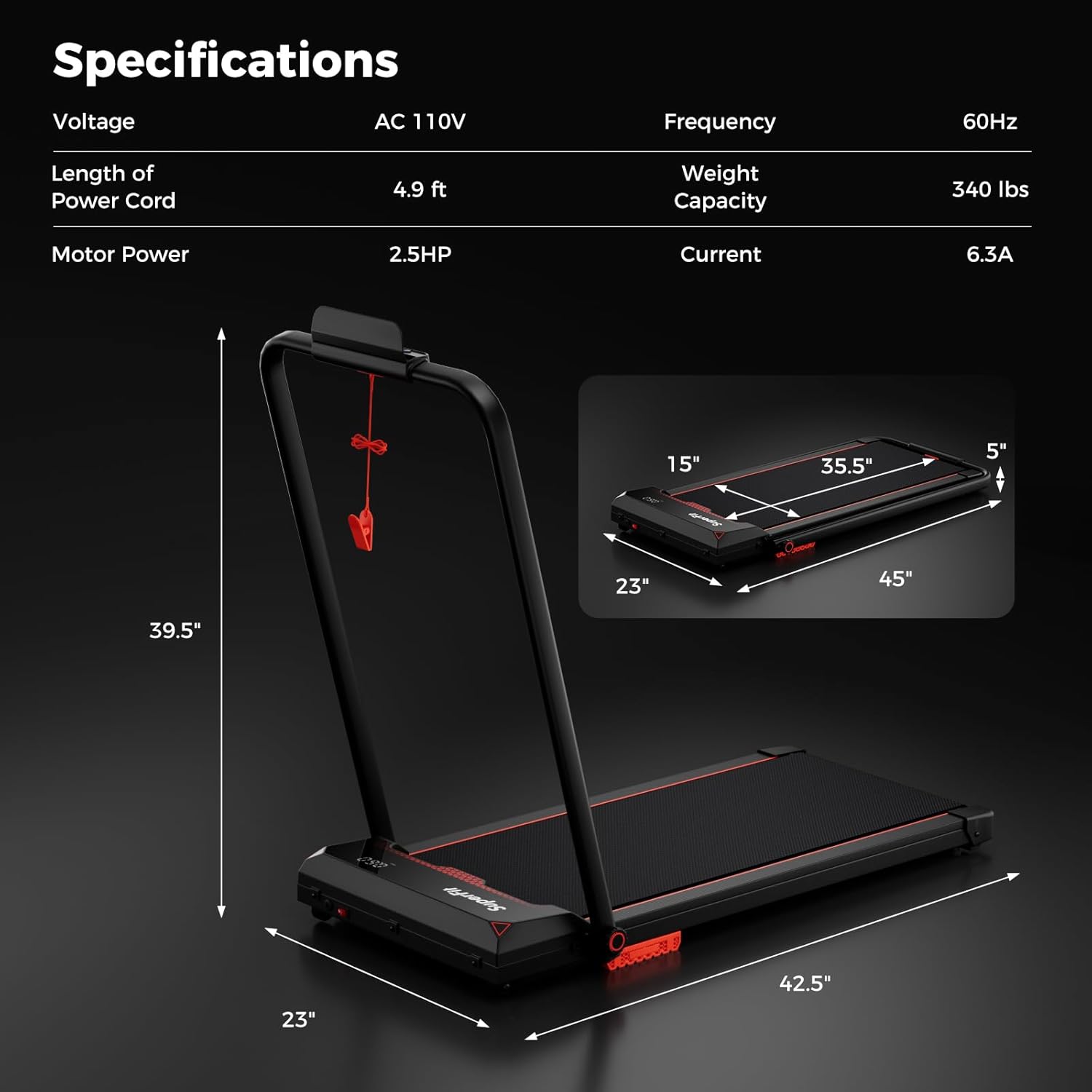 Goplus 2 in 1 Folding Treadmill, 2.5HP 340 LBS Capacity Walking Pad with Handle Bar, Under Desk Treadmill with Remote Control, LED Display and APP, Foldable Portable Treadmills for Home Small, Office - Image 9