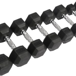 Fitvids Rubber Encased Hex Dumbbell Weight Set and Storage Rack, 5-20LB Pairs