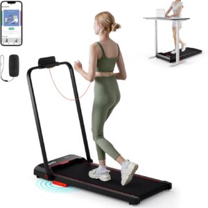 Goplus 2 in 1 Folding Treadmill, 2.5HP 340 LBS Capacity Walking Pad with Handle Bar, Under Desk Treadmill with Remote Control, LED Display and APP, Foldable Portable Treadmills for Home Small, Office