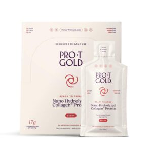 ProT Gold Liquid Collagen Protein Shot, 17g Clear Protein Nano-Hydrolyzed Grass Fed Collagen, 2g Arginine for Wound Support, Gluten Free, Sugar Free, 0g Carbs, Non GMO, Berry, 1 fl oz, 24 Pack