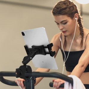 Treadmill Tablet Ipad Holder Bike Handlebar Mount Clamp for Stationary Bicycle Elliptical Spin Bike Peloton Stroller for 4-13″ Devices, iPad Pro 12.9, Air, Mini, Galaxy Tabs, iPhone