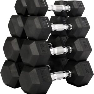 Fitvids Rubber Encased Hex Dumbbell Weight Set and Storage Rack, 5-20LB Pairs
