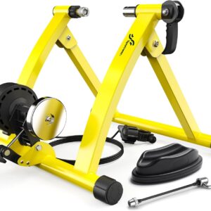 Sportneer Bike Trainer – Magnetic Stationary Bike Stand for 26-28″ & 700C Wheels – Adjustable 6 Level Resistance Bike Trainer Stand for Indoor Riding with Quick Release Lever & Front Wheel Riser Block