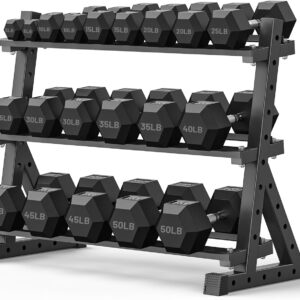 PAPABABE Hex Dumbbell Set with Rack, Rubber Encased Free Weight with Weight Storage Racks, Multiple Weight Options for Home Gym and Fitness
