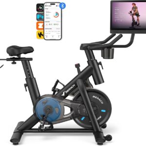 MERACH Exercise Bike, Brake Pad Stationary Bike with Exclusive App, Low Noise Indoor Cycling Bike with 300lbs Weight Capacity, Tablet Mount and Fitness Courses for Weight Loss