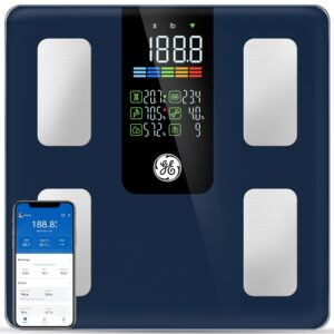 GE Smart Scale for Body Weight, BMI, Body Fat, Muscle Mass, Digital Bathroom Scales 500lbs for Bluetooth Weight Monitor 11.8″ Large Platform Weighing Machine Health Analyzer with App, Dark Blue