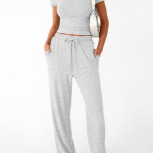 Trendy Queen 2 Piece Matching Summer Sweatsuit Lounge Set Womens Wide Leg Pants Side Ruching Crop Top Sets