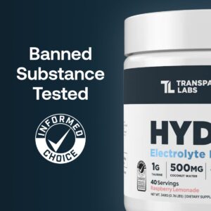 Transparent Labs Hydrate Naturally Sweetened Electrolytes Powder – Hydration Powder Electrolytes with Coconut Water, Calcium, Taurine, & Potassium – 40 Servings, Tropical Punch