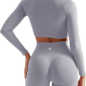 SUUKSESS Women 2 Piece Workout Sets Hidden Scrunch Hip Lifting Seamless Leggings Long Sleeve Yoga Crop Tops