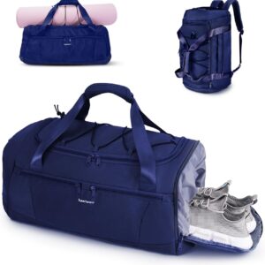 Sportsnew Gym Bag for Women with Shoe Compartment Wet Pocket and Yoga Mat Holder,Mens Duffel Bag for Travel with Laptop Compartment,Weekender Overnight Carry On Bag for Men(Blue Patent Pending)