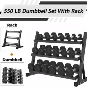 350LB 450LB 550LBS Rubber Hex Dumbbell Sets with Rack for Home Gym, 5-50LB Dumbbell Sets Coated Hand Weights for Strength Training, Workouts