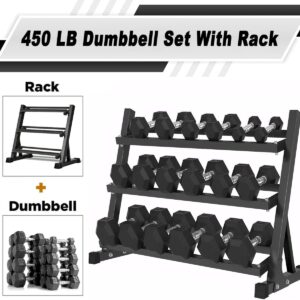 350LB 450LB 550LBS Rubber Hex Dumbbell Sets with Rack for Home Gym, 5-50LB Dumbbell Sets Coated Hand Weights for Strength Training, Workouts