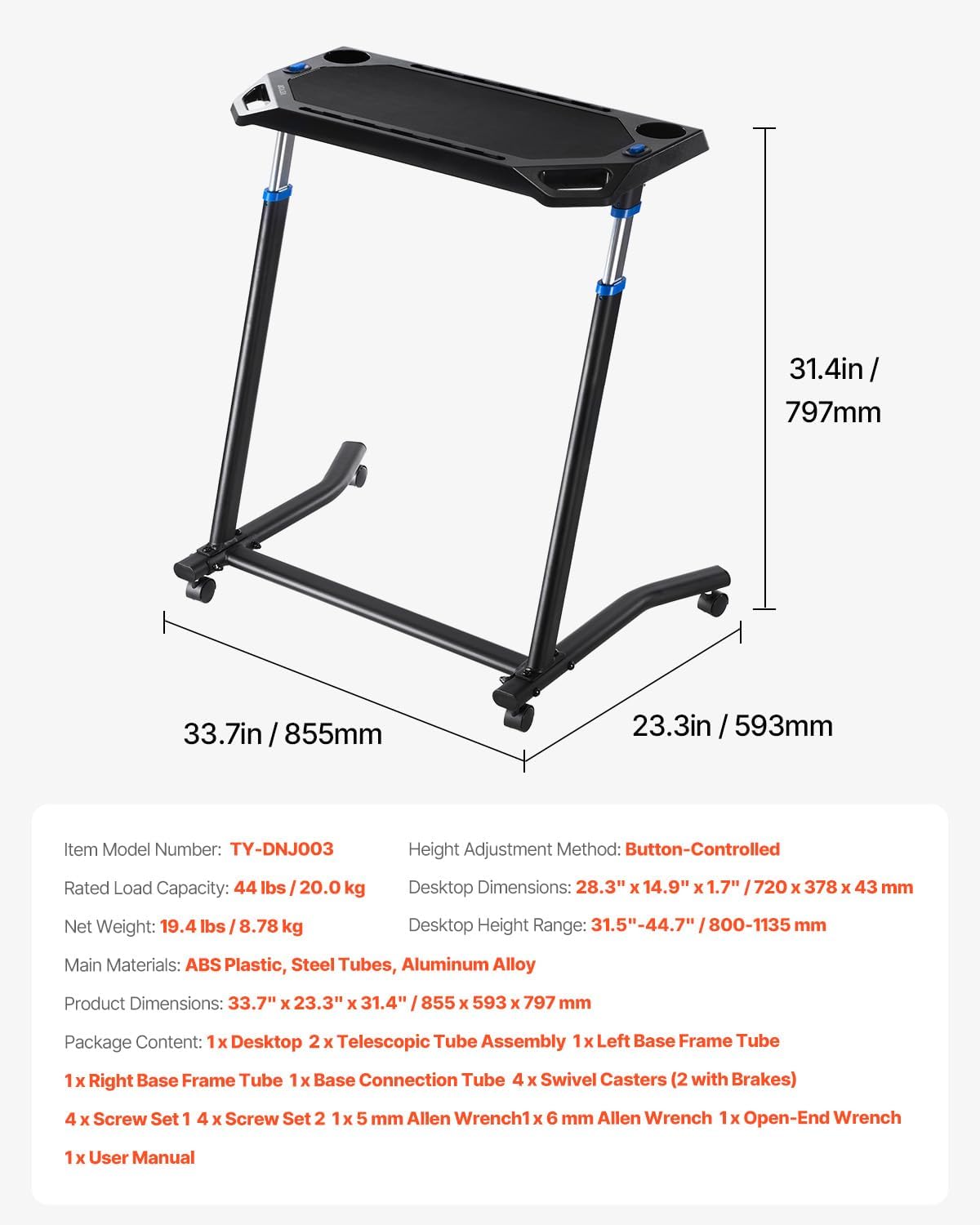 VEVOR Cycling Desk, Adjustable Bike Trainer & Treadmill Desk with Triangle Support, Non-Slip Multi-Slot Bike Trainer Fitness Desk with Handle Bar, Fit for Home Office Exercise - Image 8
