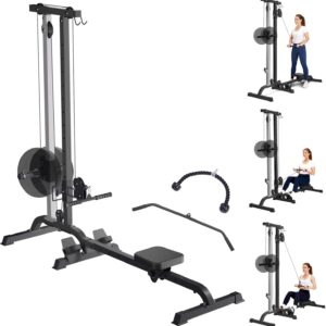 2 in 1 Rowing & Cable Machine Adjustable LAT Pull Down and Low Row Cable Machine with High and Low Pulley Stations, Multi-Function Compact Rowing Machine for Home Gym