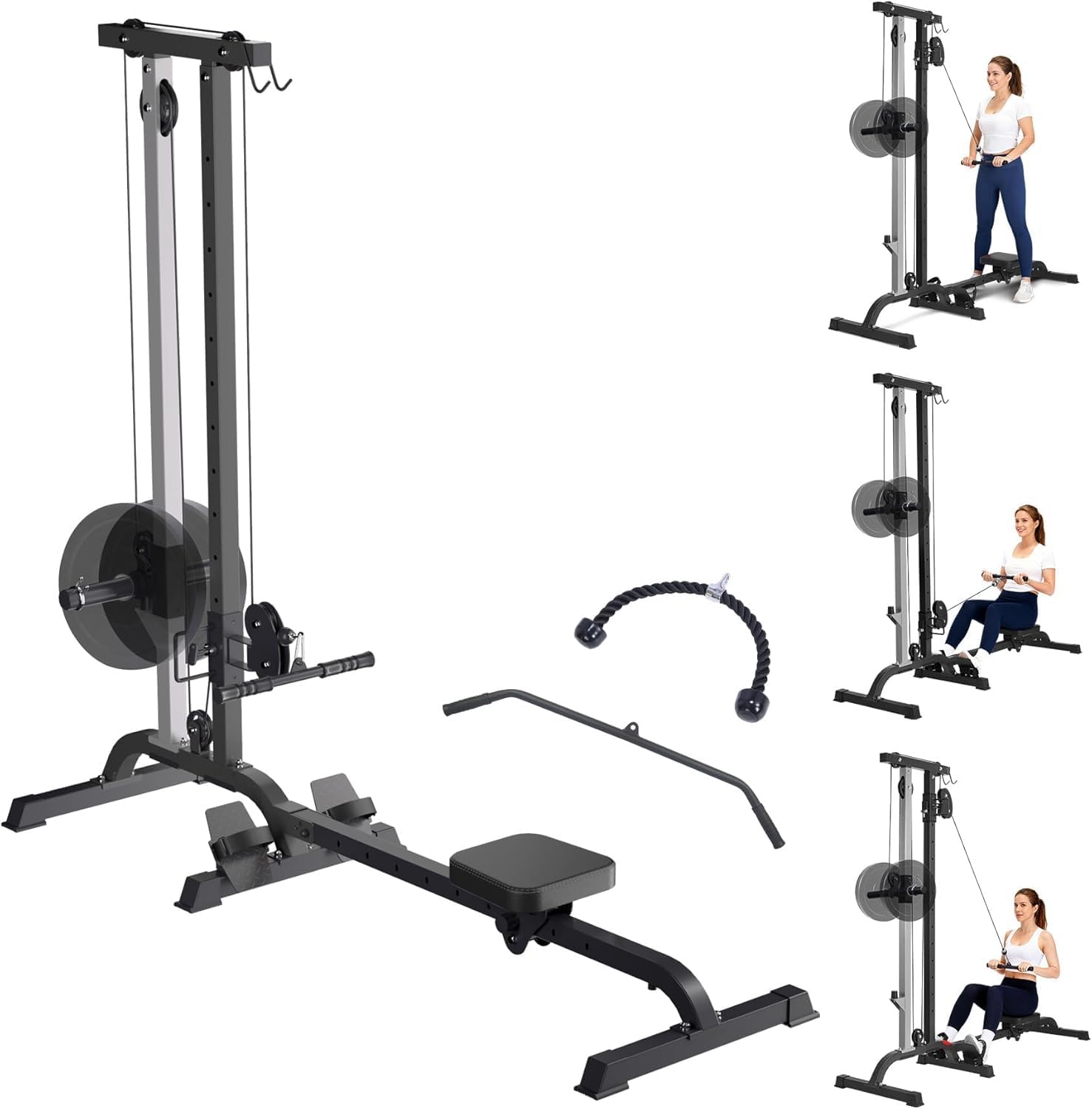 2 in 1 Rowing & Cable Machine Adjustable LAT Pull Down and Low Row Cable Machine with High and Low Pulley Stations, Multi-Function Compact Rowing Machine for Home Gym