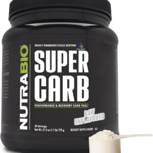NutraBio Super Carb, Carbohydrate Powder with Cluster Dextrin & Electrolytes, Advanced Carb Supplement Powder for Workout Fuel, Performance, and Muscle Recovery, Cyclic Dextrin, Unflavored, 30 Sv