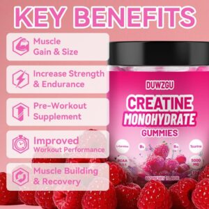 Creatine Monohydrate Gummies 5000mg –Muscle Strength,Energy,Focus, Recovery Support 128 Gummies Pre & Post Workout Supplement Bottle Delicious Creatine Supplement for Men and Women – Raspberry Flavor