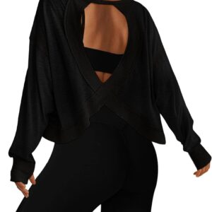 UNIANKIYA Open Back Workout Tops for Women Long Sleeve Cropped Athletic Clothes Gym Running Yoga Low Impact Sports T Shirts