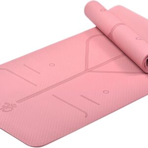 Pink TPE Yoga Mat 72″ × 24″, Non-Slip Eco-Friendly Exercise Mat with Alignment Lines, Lightweight Fitness Mat with Carry Strap for Yoga & Home Workouts
