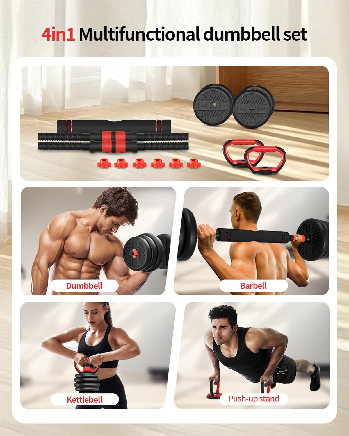 Adjustable Dumbbells,20/30/40/60/80lbs Free Weight Set with Connector, 4 in1 Dumbbells Set Used as Barbell/Kettlebells/Push up Stand, Fitness Workout Equipment for Home Gym for Youth,Women/Men - Image 4