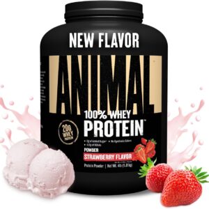 Animal 100% Whey Protein Powder – Whey Blend for Pre or Post Workout, Recovery, Anytime Low Sugar Protein Boost Meal Replacement with BCAA Branched Chain Amino Acids – New Flavor, Strawberry, 4 lb