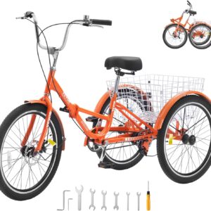 VEVOR Folding Adult Tricycle,Adult Folding Trikes, 3 Wheel Cruiser Bike with Large Basket & Adjustable Seat, Shopping Picnic Foldable Tricycles for Women, Men, Seniors