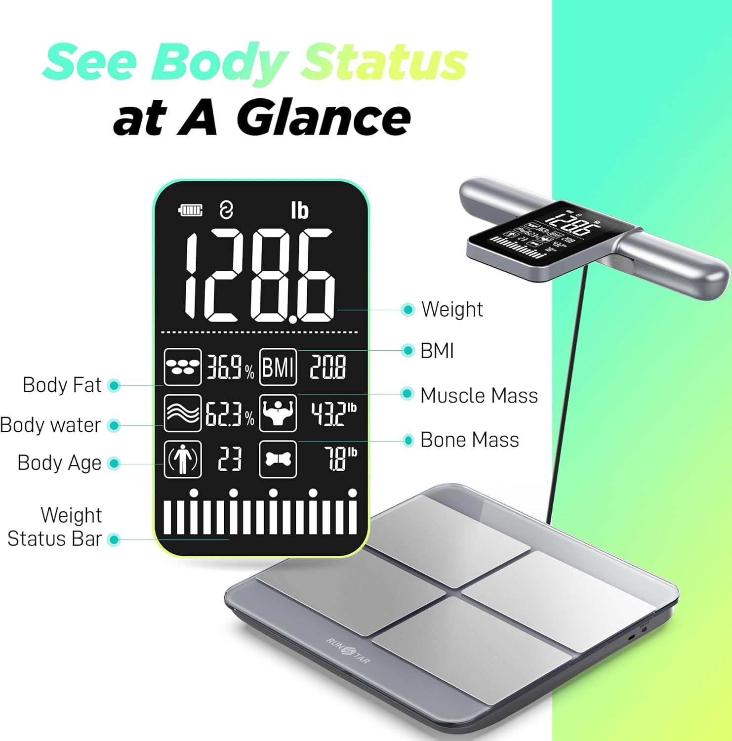 RunStar Scale for Body Weight and Fat Percentage, 8-Electrodes Precision Digital Smart Scale for BMI 28 Body Composition Measurement, Silver Bathroom Smart Scales with Large Display - Image 2