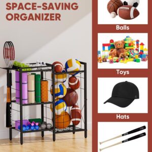 3 Tiers Dumbbells Yoga Mat Storage Rack with Elastic Straps for Kettlebells Foam Roller Resistance Bands Balls, Workout Equipment Organizer Weight Storage Holder with Hooks for Home Gym