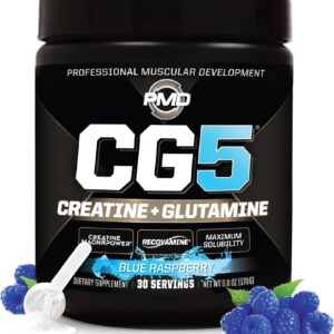 PMD Sports CG5 – Premium Creatine & L Glutamine Powder – Maximum Strength Power Recovery, Build Lean Muscle, Increase Workout Performance – Pre Workout & Post Workout – Blue Raspberry (30 Serv)